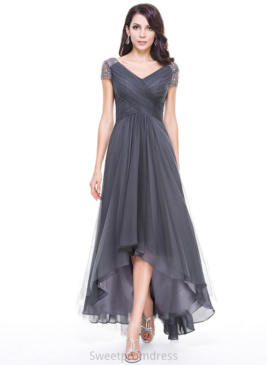 Abbey the Mother of the Bride Dresses A-Line V-neck Dress Bride Asymmetrical Tulle Mother Beading Ruffle Sequins With of