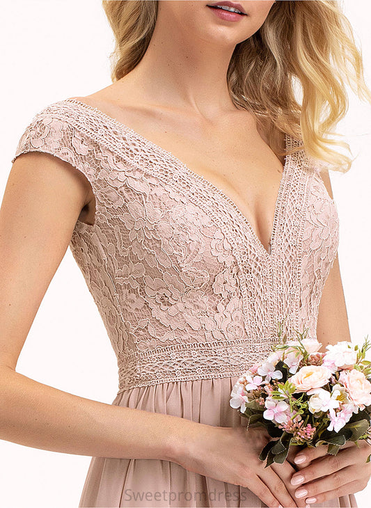 Silhouette Floor-Length Length Fabric Straps V-neck A-Line Lace Neckline Mayra Spandex Sleeveless Bridesmaid Dresses