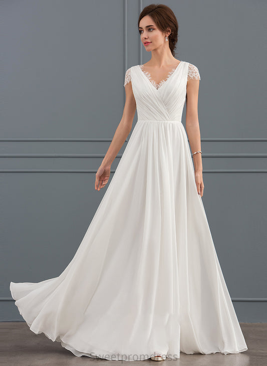 A-Line With Chiffon Lace Ruffle Wedding Dress Kamora Wedding Dresses Floor-Length V-neck