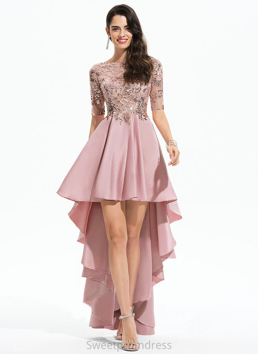 A-Line Abbigail Lace With Scoop Neck Prom Dresses Asymmetrical Satin Sequins