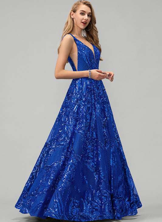 A-Line Sequins Jode Prom Dresses Sequined With V-neck Floor-Length