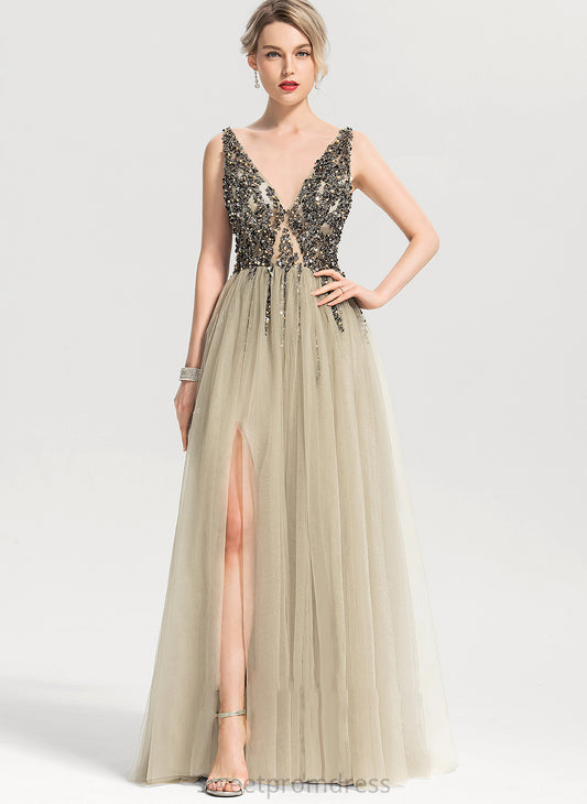 A-Line Tulle Prom Dresses V-neck Floor-Length With Ainsley Beading Sequins Front Split