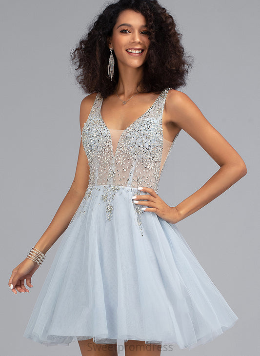 A-Line Minnie With Beading Tulle V-neck Short/Mini Prom Dresses