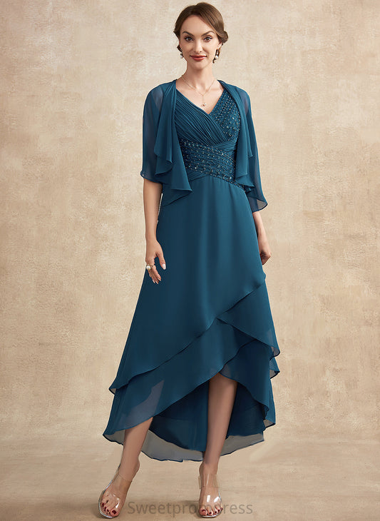 A-Line Sequins Rubi With Mother the Asymmetrical Ruffle of Dress Mother of the Bride Dresses Chiffon V-neck Bride Beading