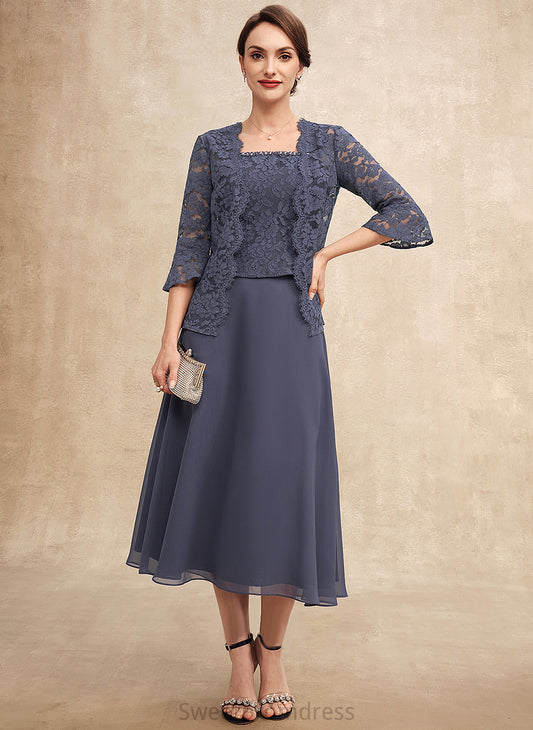 Beading of Mother of the Bride Dresses Pauline Chiffon Neckline the Tea-Length A-Line Dress Mother Lace Square Bride With