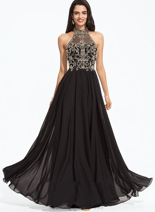 A-Line Prom Dresses Beading With Floor-Length Neck Sequins Maddison High Chiffon