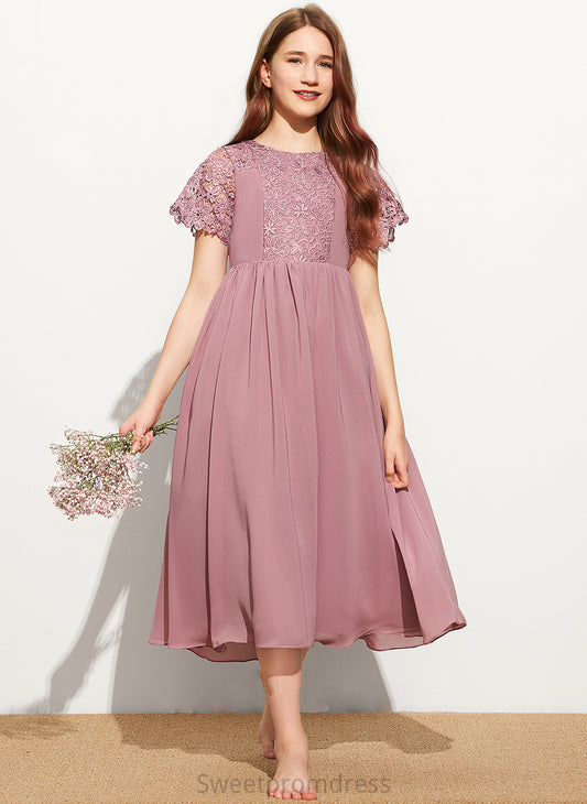 Scoop A-Line Lace Tea-Length Neck Helga Chiffon Junior Bridesmaid Dresses