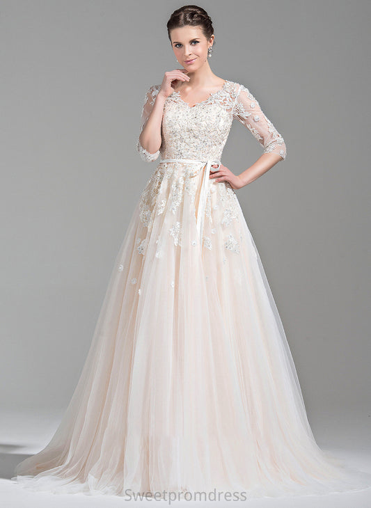 Ball-Gown/Princess Dress Lace Beading Bow(s) Train Court With Sequins Wedding Prudence Tulle Appliques Wedding Dresses V-neck