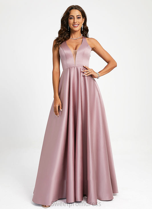 A-Line Prom Dresses V-neck Eva Floor-Length Satin