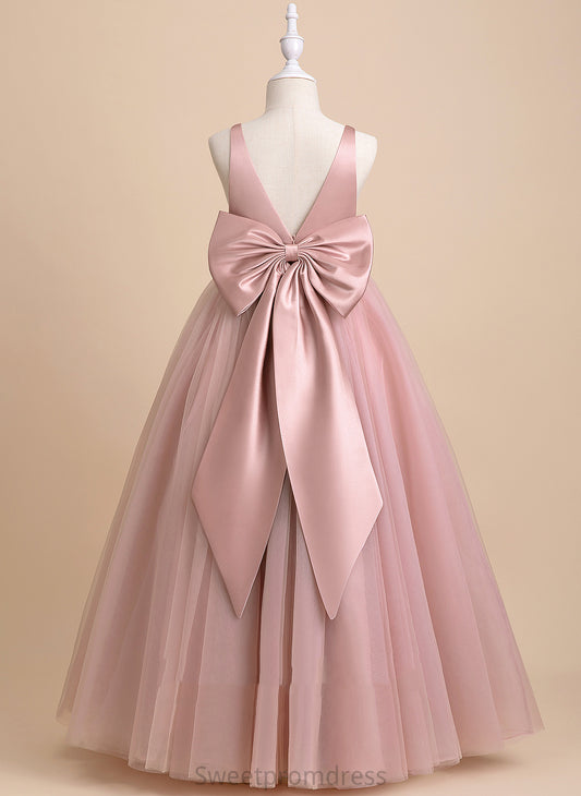 Back Floor-length Tulle Girl Dress Kelsie Flower Girl Dresses Ball-Gown/Princess - Bow(s)/V With V-neck Sleeveless Flower