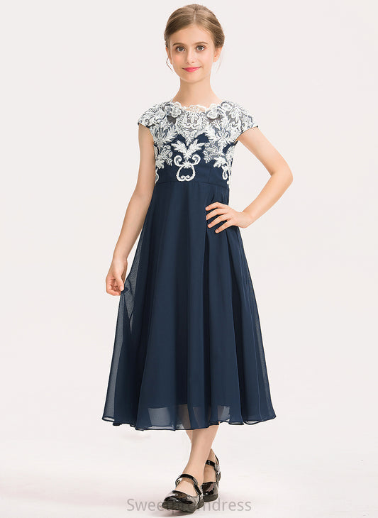 A-Line Junior Bridesmaid Dresses Scoop Neck Lace Tea-Length Chiffon Emelia