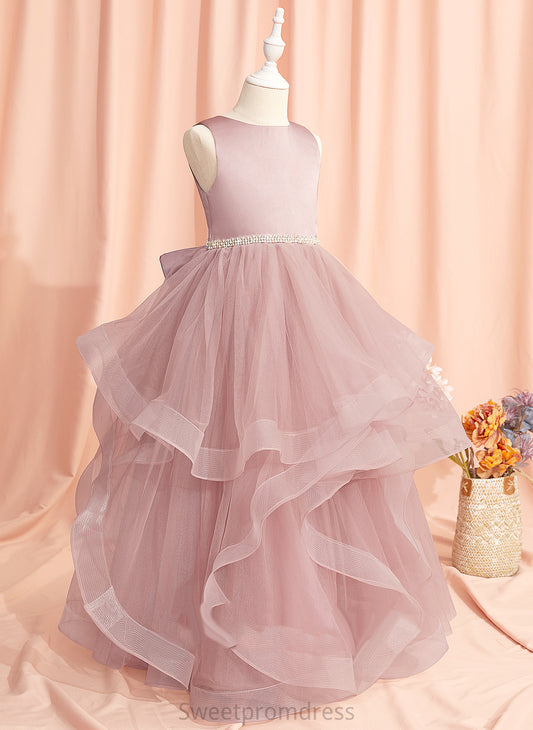Scoop Ball-Gown/Princess Sleeveless Dress Neck Floor-length Flower Girl Dresses - Flower With Beading/Bow(s)/V Mercedes Tulle Girl Back