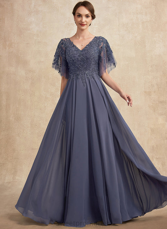 Beading the Floor-Length Bride Thalia Sequins Mother of the Bride Dresses A-Line of Mother Dress With Chiffon Lace V-neck