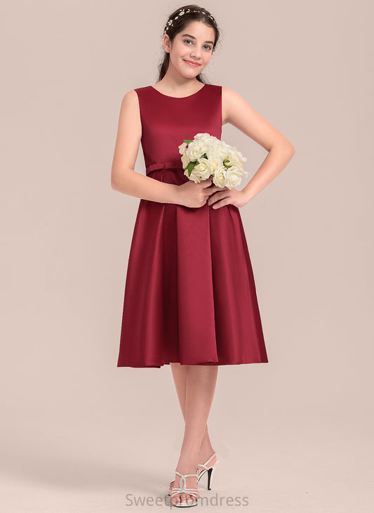 Knee-Length Scoop A-Line Satin With Lace Junior Bridesmaid Dresses Nadia Bow(s) Neck
