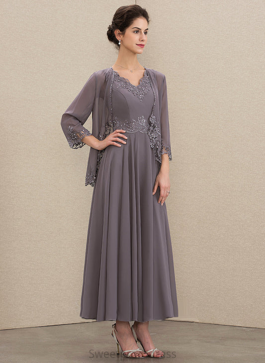 Bride Beading Dress Ankle-Length of Chiffon Lace Mother the Appliques V-neck A-Line With Sequins Audrey Mother of the Bride Dresses