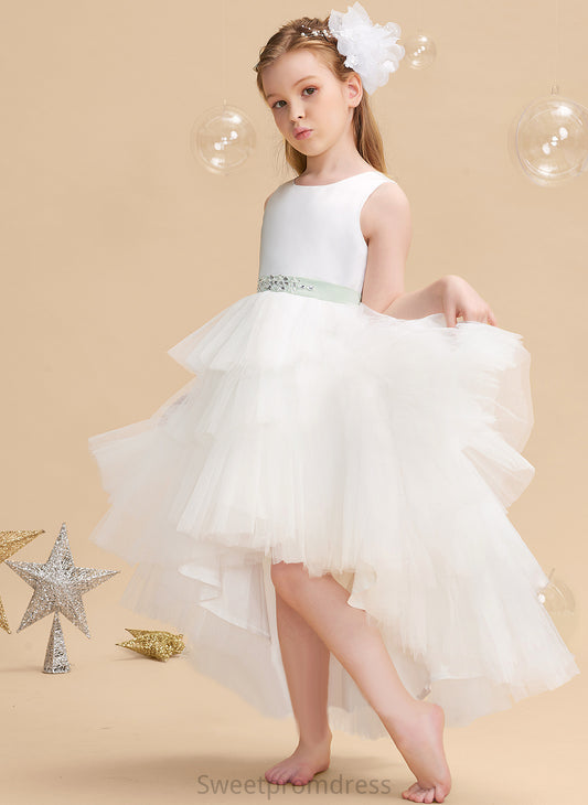 (Detachable Sash/Beading Asymmetrical sash) Ball-Gown/Princess Scoop Dress Tulle With Flower Girl Dresses - Flower Diana Girl Neck Sleeveless