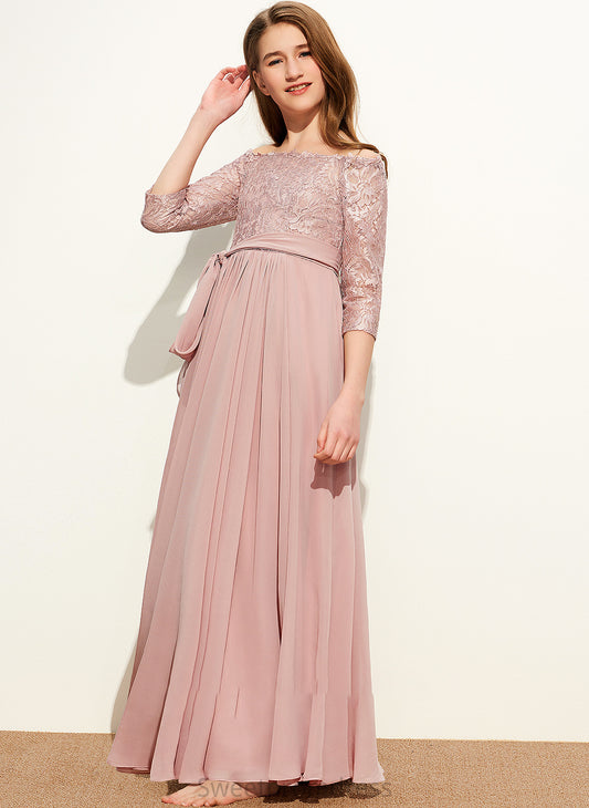 Savanah Junior Bridesmaid Dresses Lace Bow(s) Chiffon With Floor-Length Off-the-Shoulder A-Line