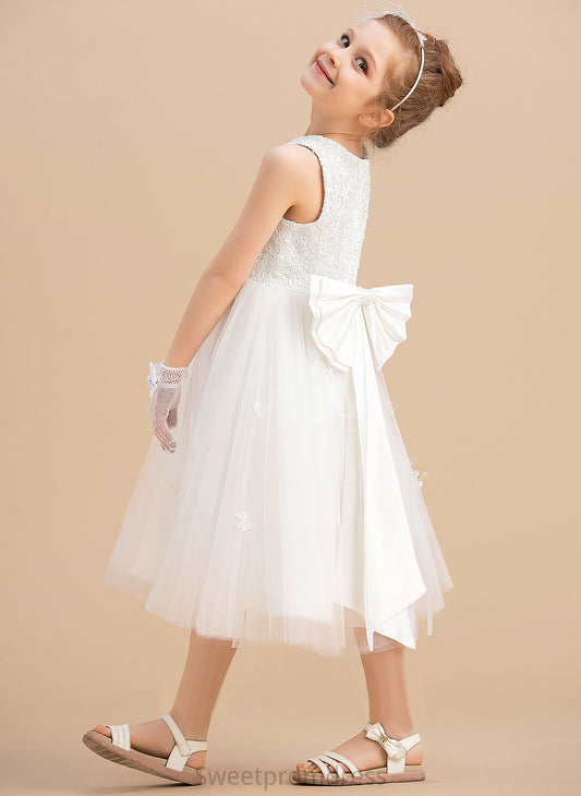 Tea-length Scoop Girl With Bow(s) Satin/Tulle Dress Sleeveless Flower Flower Girl Dresses Danna - A-Line Neck