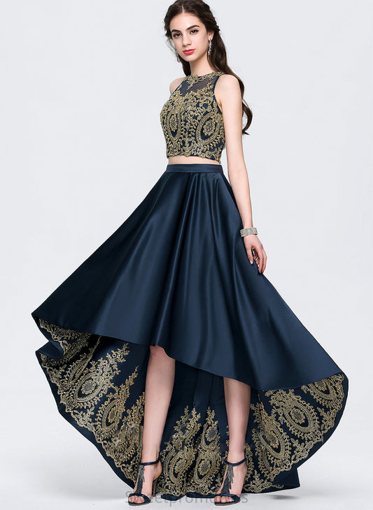 A-Line With Beading Sequins Asymmetrical Eve Prom Dresses Lace Satin Neck Scoop