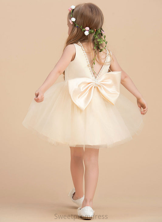 Sleeveless Daisy Neck A-Line Scoop Knee-length Flower Flower Girl Dresses - Satin/Tulle Dress Girl With Beading