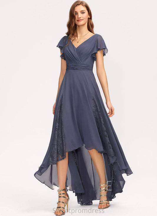 Embellishment Lace Neckline Length Fabric Asymmetrical V-neck Silhouette A-Line Ruffle Shirley Natural Waist Bridesmaid Dresses