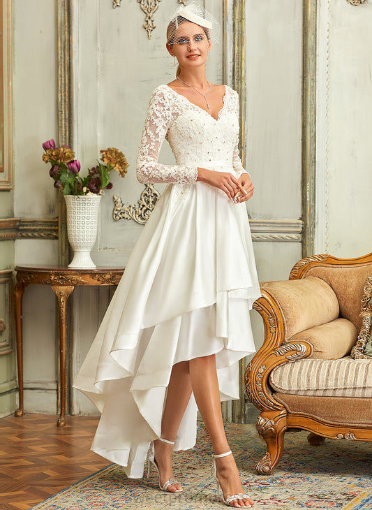 Asymmetrical Lace Wedding Dresses Dress A-Line Satin V-neck Elizabeth Wedding
