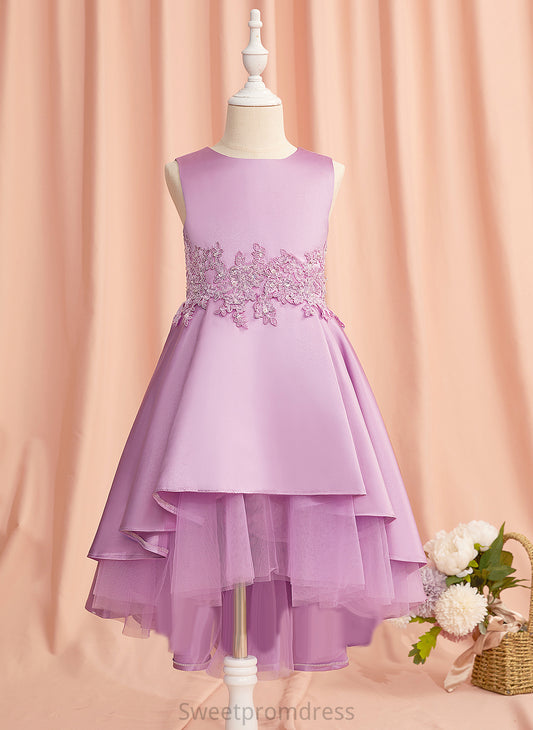 - Asymmetrical Nevaeh Neck Dress Sleeveless Girl With A-Line Satin/Tulle Scoop Flower Lace/Beading/Bow(s) Flower Girl Dresses