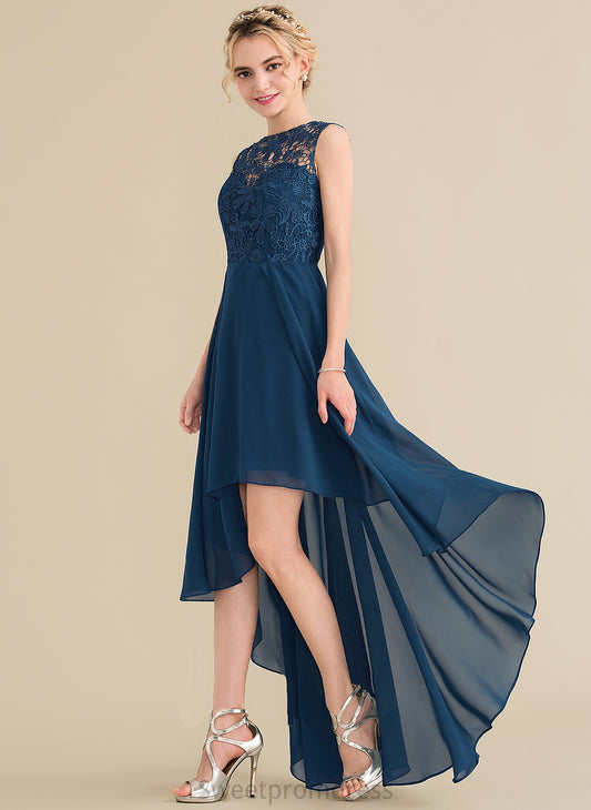 A-Line Lace Straps Length Neckline ScoopNeck Silhouette Fabric Asymmetrical Dylan A-Line/Princess Natural Waist Bridesmaid Dresses