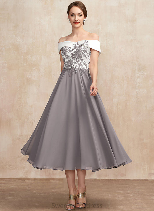 A-Line Chiffon Bria the Mother of the Bride Dresses Tea-Length of Mother Dress Bride Off-the-Shoulder Lace