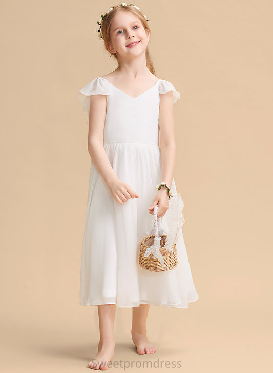 Chiffon/Satin Alula Sleeveless Girl - Flower Tea-length Flower Girl Dresses Dress A-Line V-neck