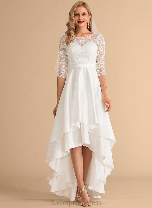 A-Line Neck Wedding Dresses Satin Dress Lace Wedding Asymmetrical Scoop Pru