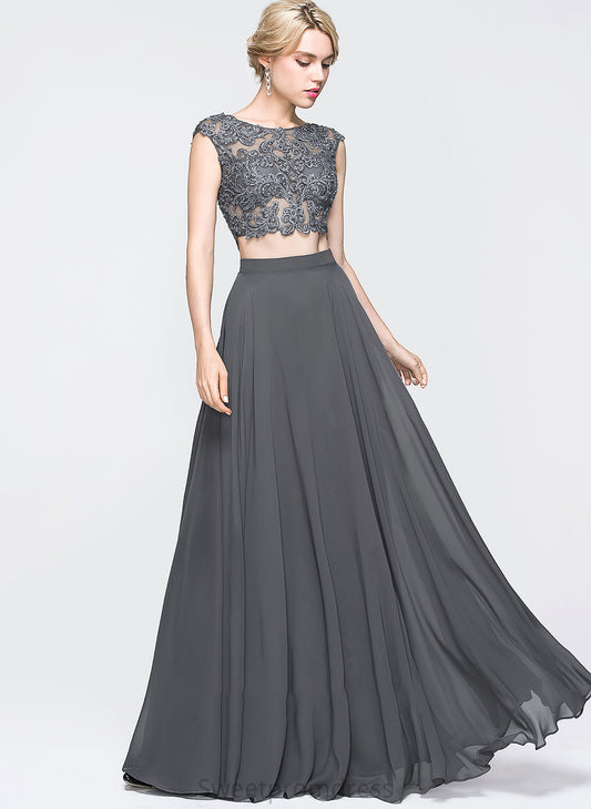 A-Line Sequins Prom Dresses Floor-Length Beading Neck Polly Scoop With Chiffon