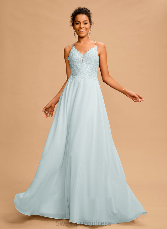A-Line Floor-Length Sequins With Angelique V-neck Chiffon Prom Dresses