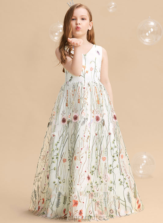 Flower Jacquard Dress Girl A-Line Sleeveless With Floor-length Camryn Flower(s)/Bow(s) - V-neck Flower Girl Dresses
