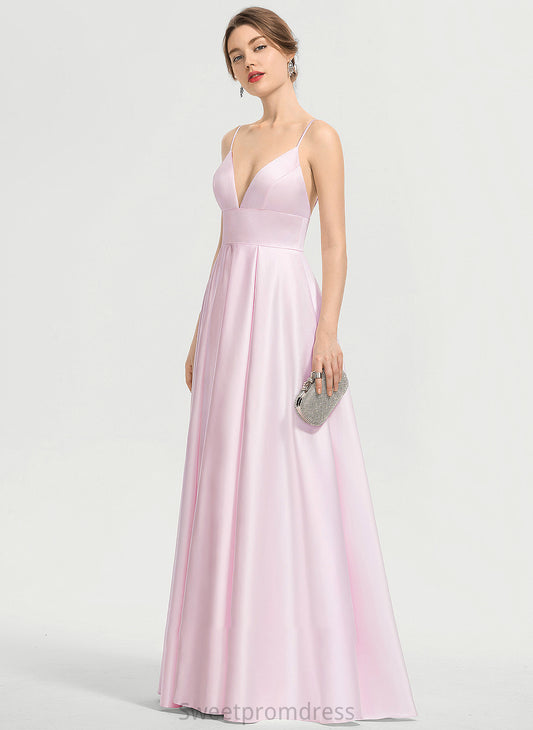 A-Line V-neck Emelia Floor-Length Pockets With Prom Dresses Satin
