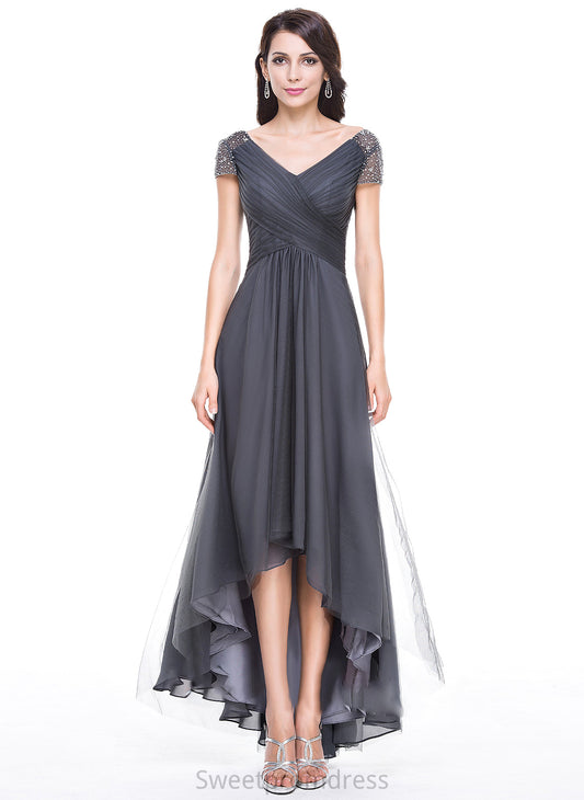 Abbey the Mother of the Bride Dresses A-Line V-neck Dress Bride Asymmetrical Tulle Mother Beading Ruffle Sequins With of
