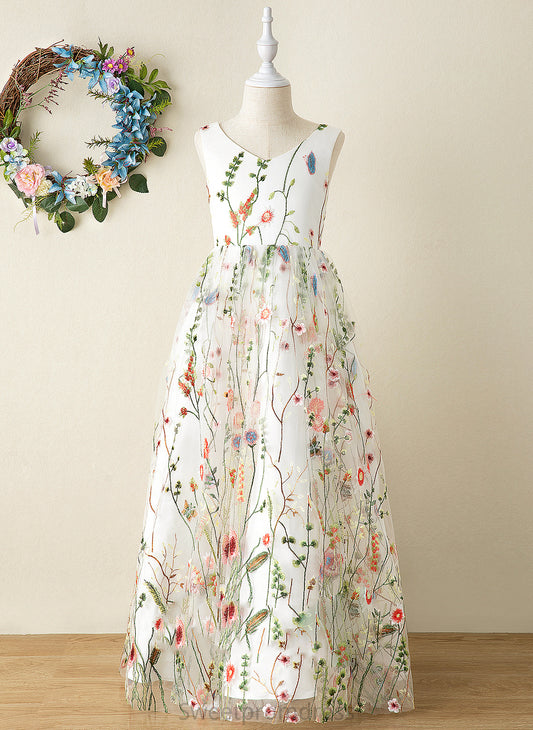 Flower Jacquard Dress Girl A-Line Sleeveless With Floor-length Camryn Flower(s)/Bow(s) - V-neck Flower Girl Dresses