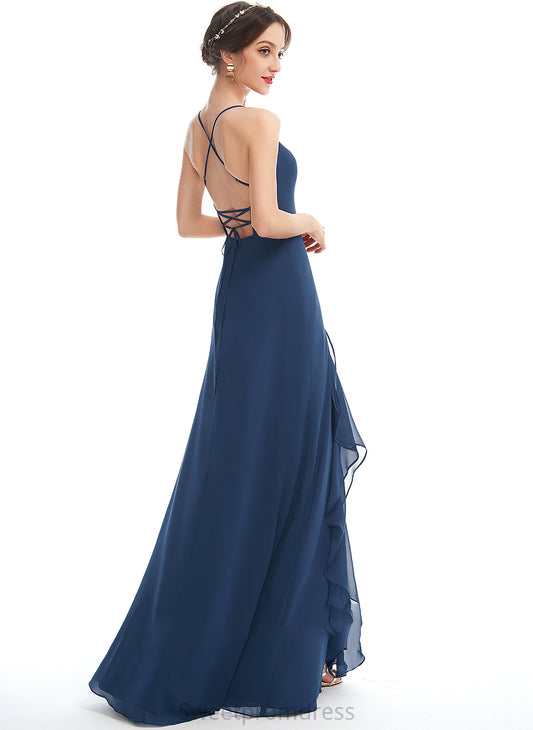 A-Line Fabric Ruffle Silhouette Embellishment Length Floor-Length SplitFront Neckline V-neck Alani Sleeveless Bridesmaid Dresses