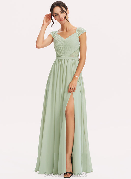 A-Line Embellishment Length SplitFront Silhouette Floor-Length Fabric Neckline Lace V-neck Lauren Scoop Bridesmaid Dresses