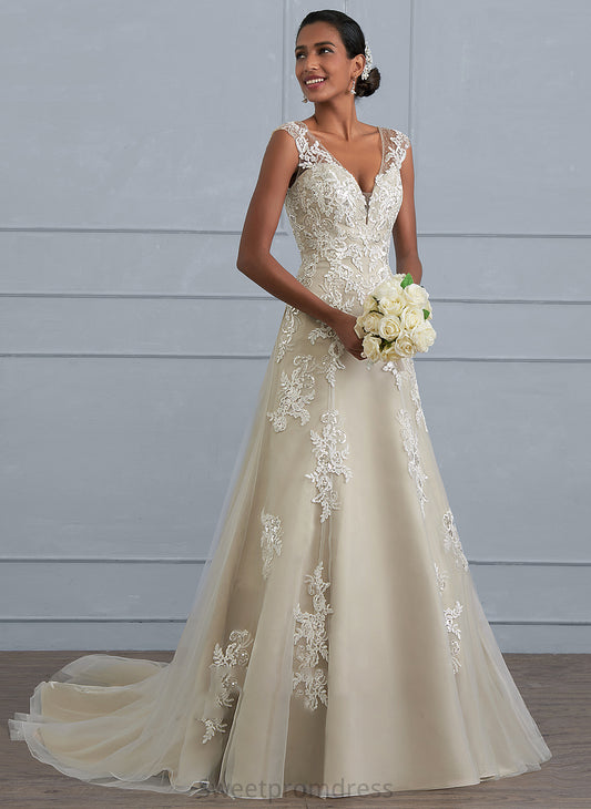 A-Line Wedding Tulle Wedding Dresses V-neck Court Dress With Lace Sequins Beading Roselyn Train