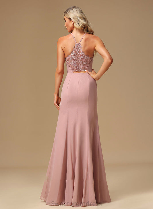 HighNeck A-Line Neckline Silhouette Floor-Length SplitFront Lace Length Embellishment Fabric Aliya Natural Waist Bridesmaid Dresses