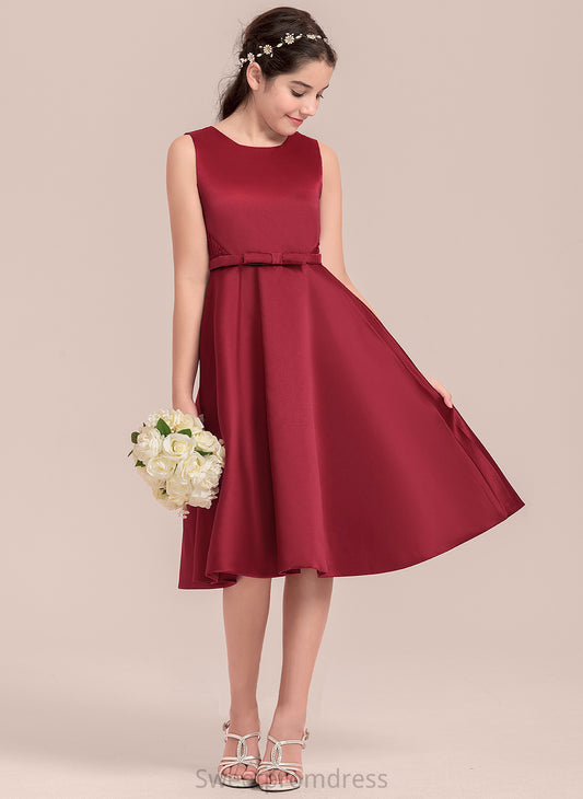 Knee-Length Scoop A-Line Satin With Lace Junior Bridesmaid Dresses Nadia Bow(s) Neck
