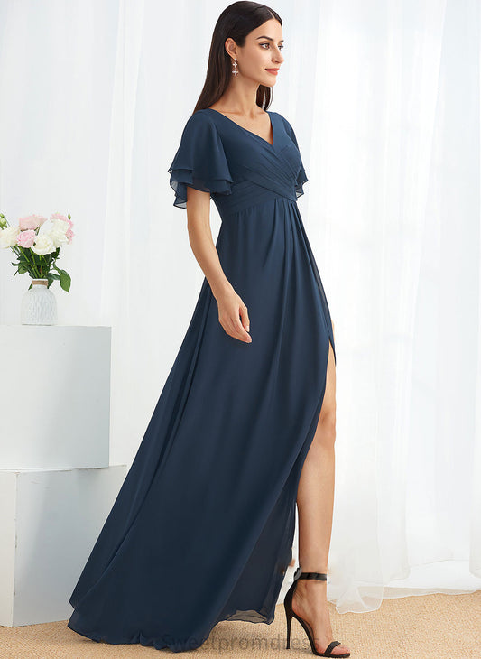 Silhouette Fabric A-Line Neckline Floor-Length SplitFront Embellishment Length V-neck Camilla A-Line/Princess Sleeveless Bridesmaid Dresses