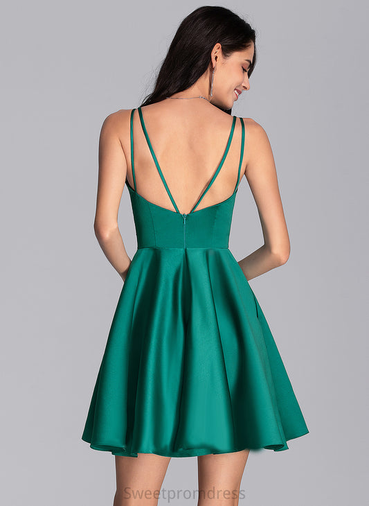 Dress Pockets Satin Homecoming Dresses With Sofia Ruffle Short/Mini Homecoming V-neck A-Line