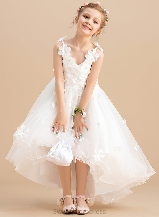 Flower Girl Dresses Lucy With Beading/Flower(s)/Bow(s) Asymmetrical Tulle Girl Dress Sleeveless V-neck Ball-Gown/Princess - Flower