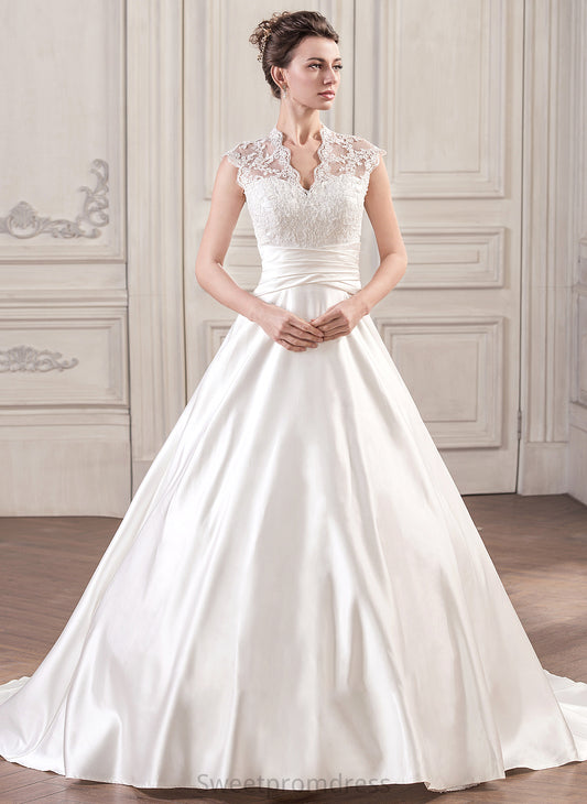Amiya Dress Train With Wedding Court Ball-Gown/Princess Wedding Dresses Satin V-neck Lace Ruffle