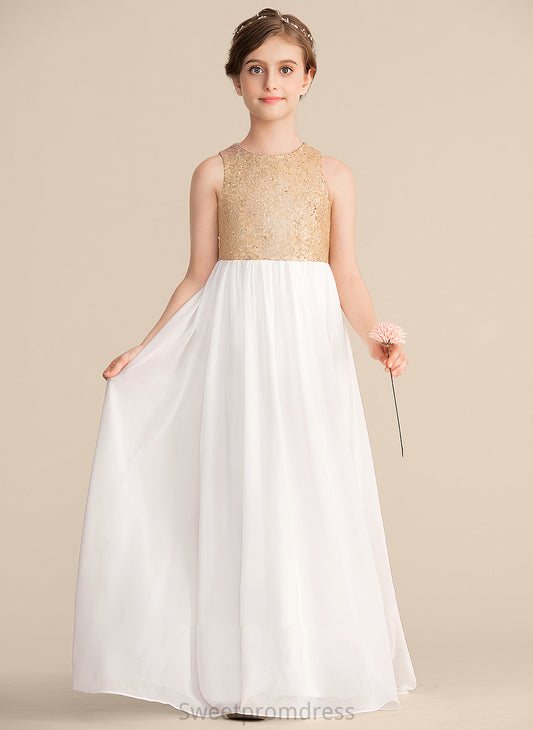 Sequined Chiffon Junior Bridesmaid Dresses Neck Scoop Floor-Length Monique A-Line