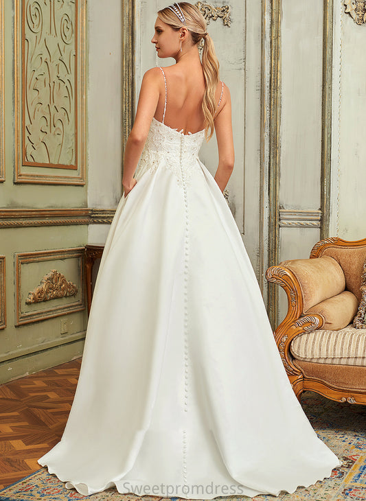 Beading Train Dress Wedding V-neck Sweep Lace Pockets Kelly Lace Satin Ball-Gown/Princess With Wedding Dresses Sequins
