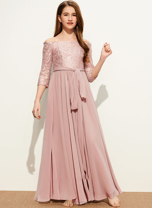 Savanah Junior Bridesmaid Dresses Lace Bow(s) Chiffon With Floor-Length Off-the-Shoulder A-Line