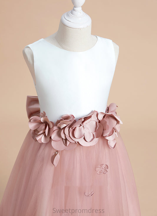 A-Line Dress Satin/Tulle With Scoop Flower(s)/Bow(s) Tea-length - Flower Flower Girl Dresses Aurora Neck Sleeveless Girl
